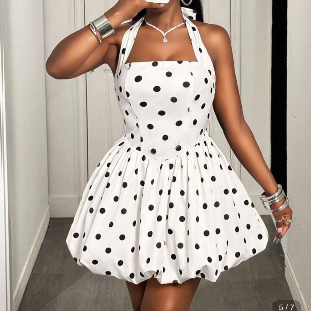 Elegant Black and White Polka Dot Halter Dress